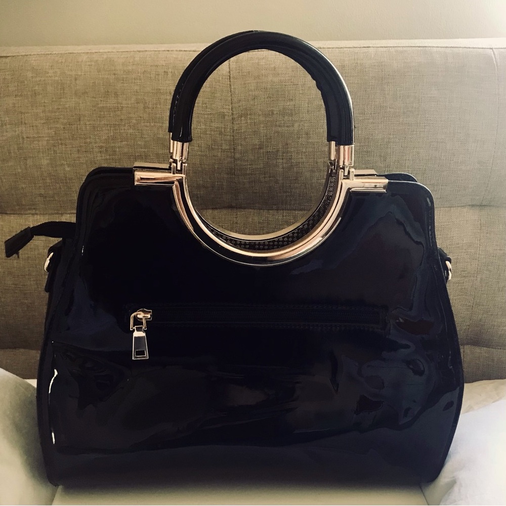 NWOT Black Patent Leather Top Handle “Dr” Bag Gold Trim